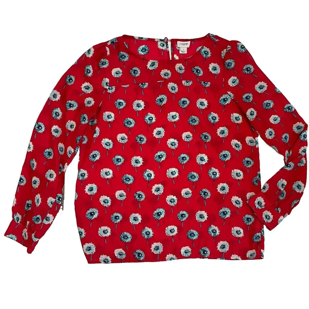 J.Crew Women’s Small Red Floral Blouse Blue Dandelion Print Puff Sleeve Top